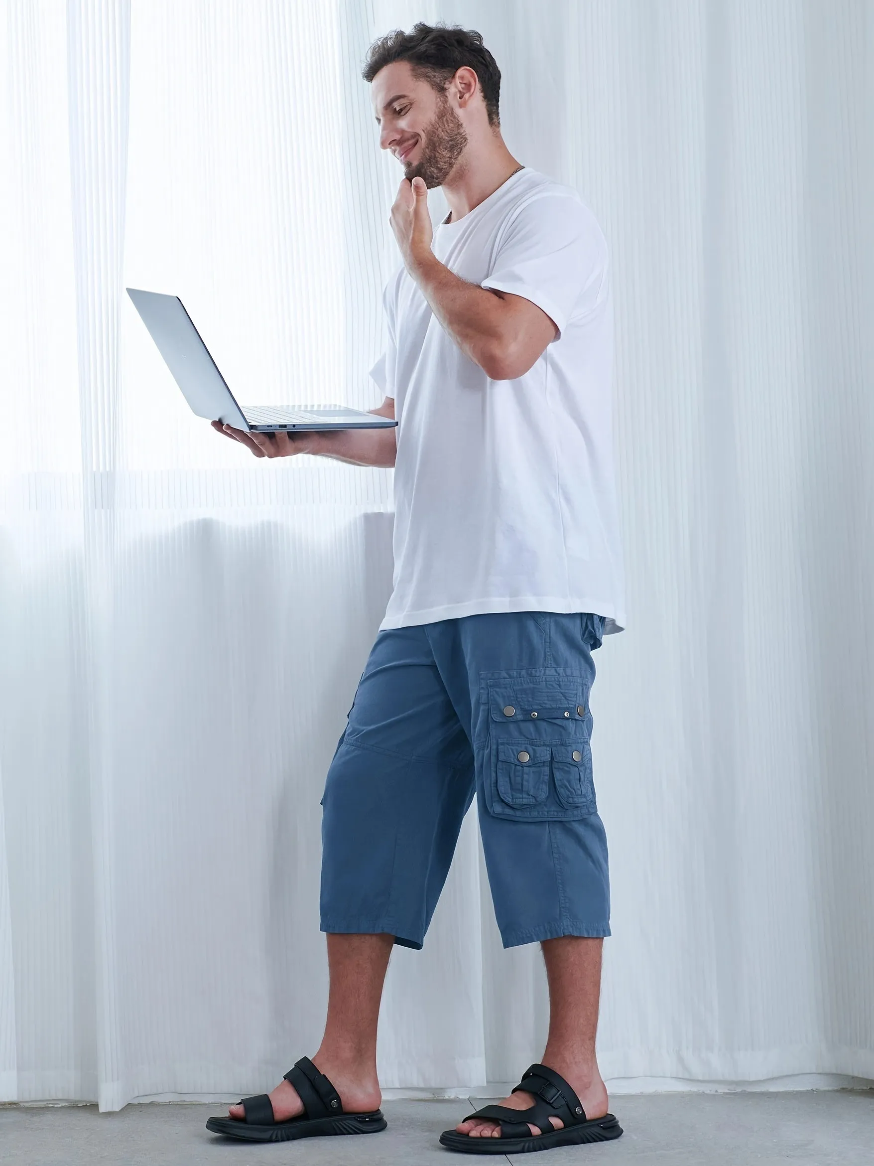 [18 Inches Cotton Capri Shorts] 3/4 Capri Long Cargo Shorts For Men Below Knee 18 Inches Pants Cotton