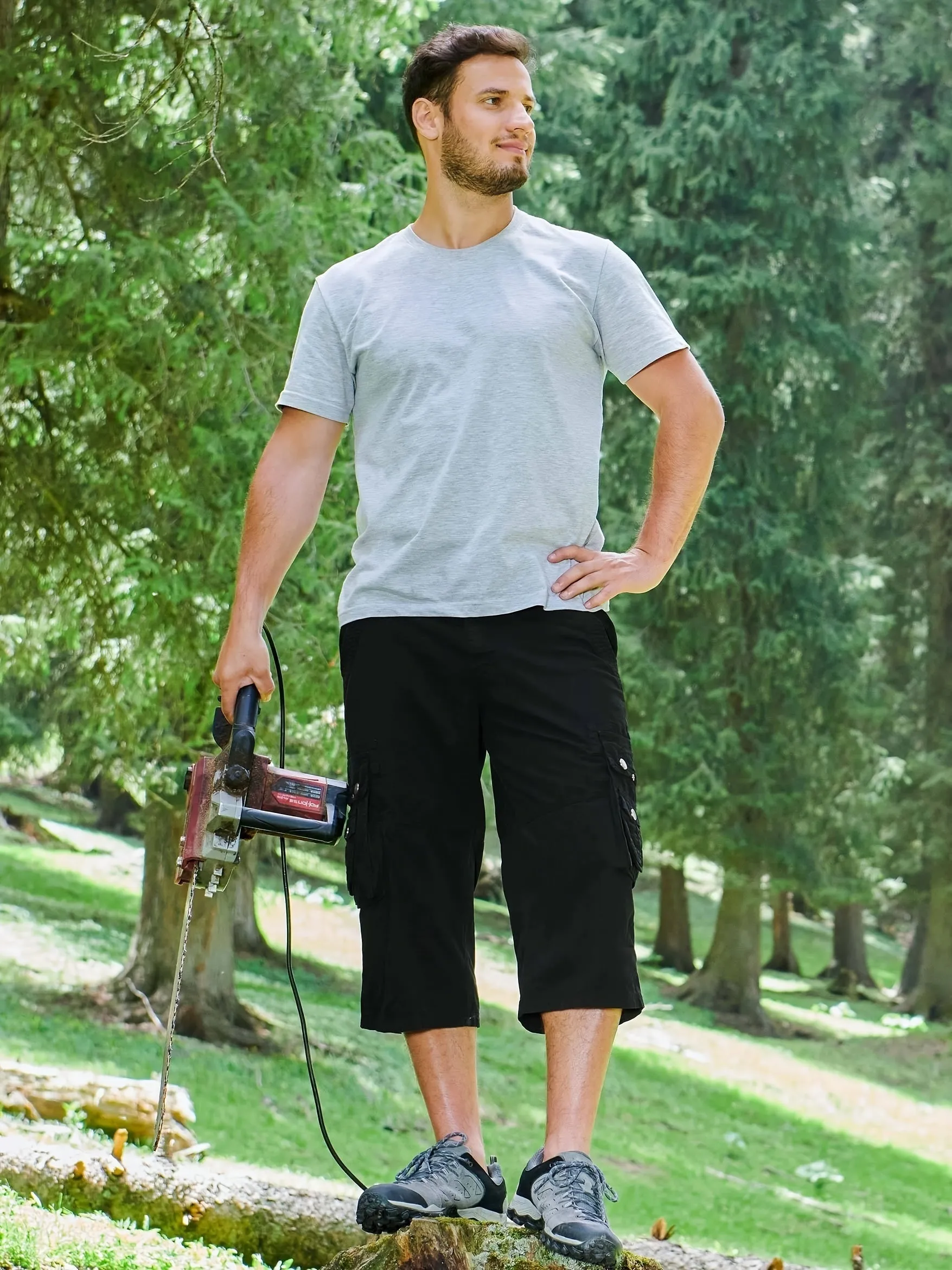 [18 Inches Cotton Capri Shorts] 3/4 Capri Long Cargo Shorts For Men Below Knee 18 Inches Pants Cotton