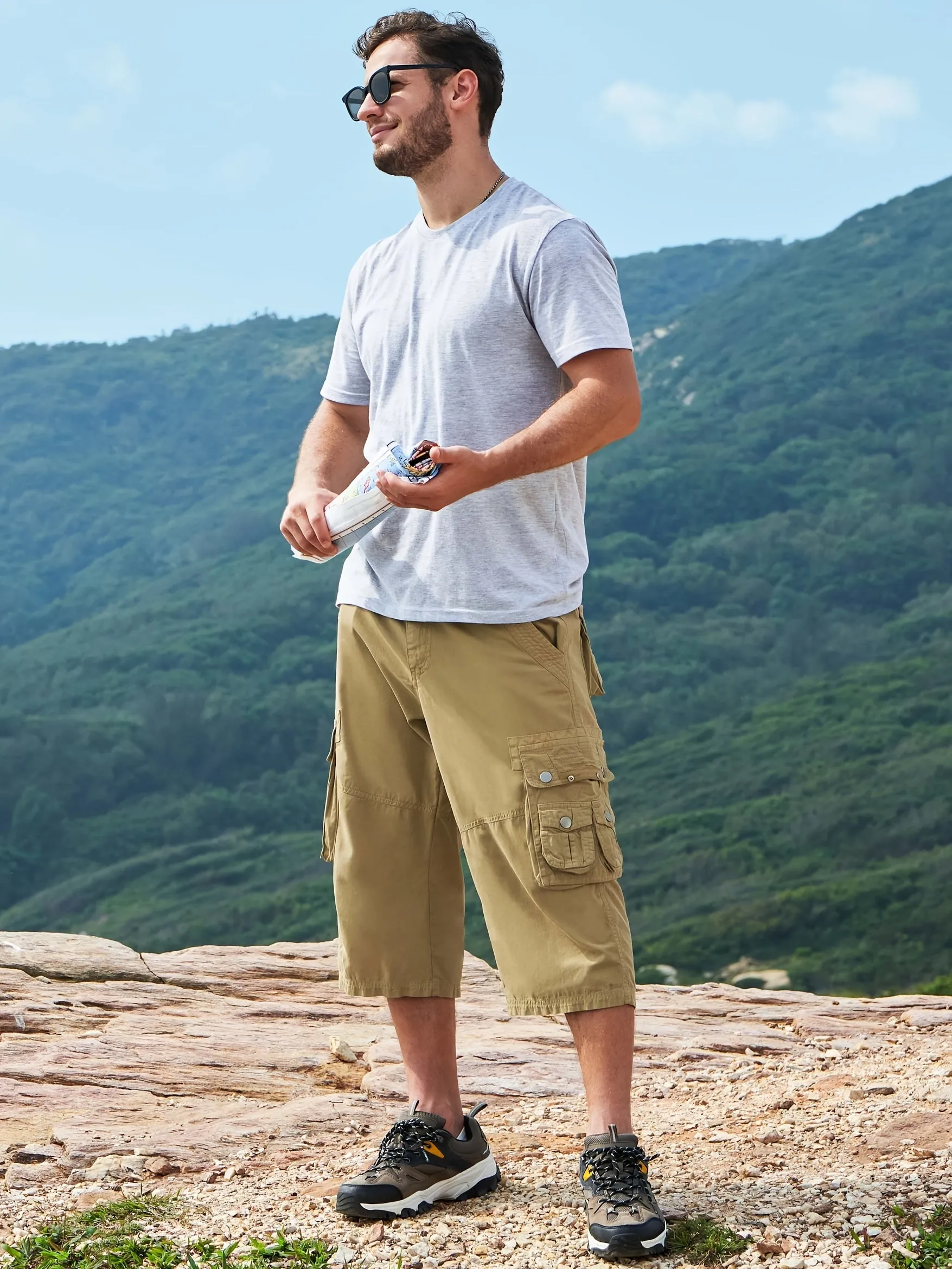 [18 Inches Cotton Capri Shorts] 3/4 Capri Long Cargo Shorts For Men Below Knee 18 Inches Pants Cotton
