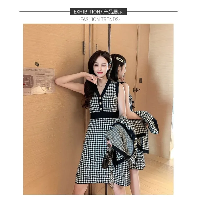 2 Piece Set Single-Breasted Warm Sweater Coat And Knit Vest Dress MK17284