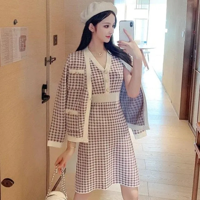 2 Piece Set Single-Breasted Warm Sweater Coat And Knit Vest Dress MK17284
