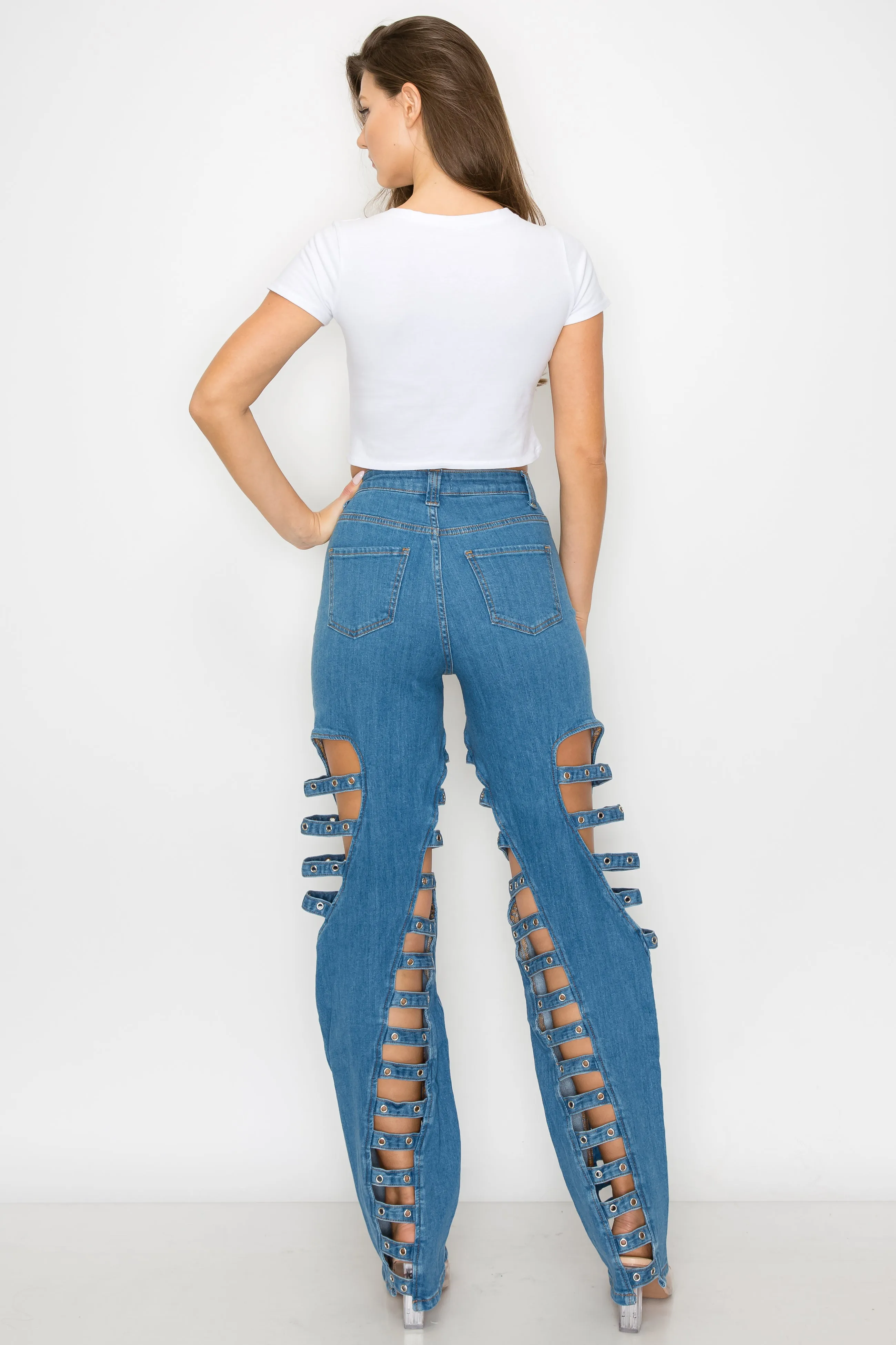 40483 Women's High Rise Spiral Cut Out Strappy Eyelet Jeans