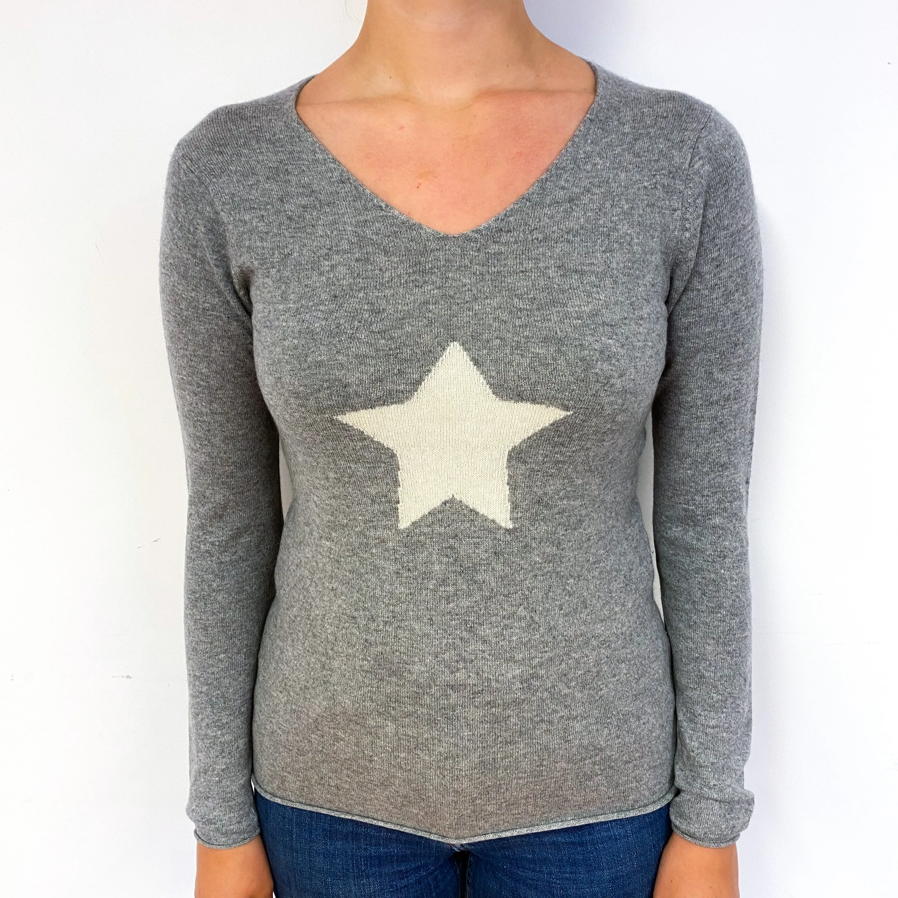 Ash Grey Star Cashmere V-Neck Jumper Small