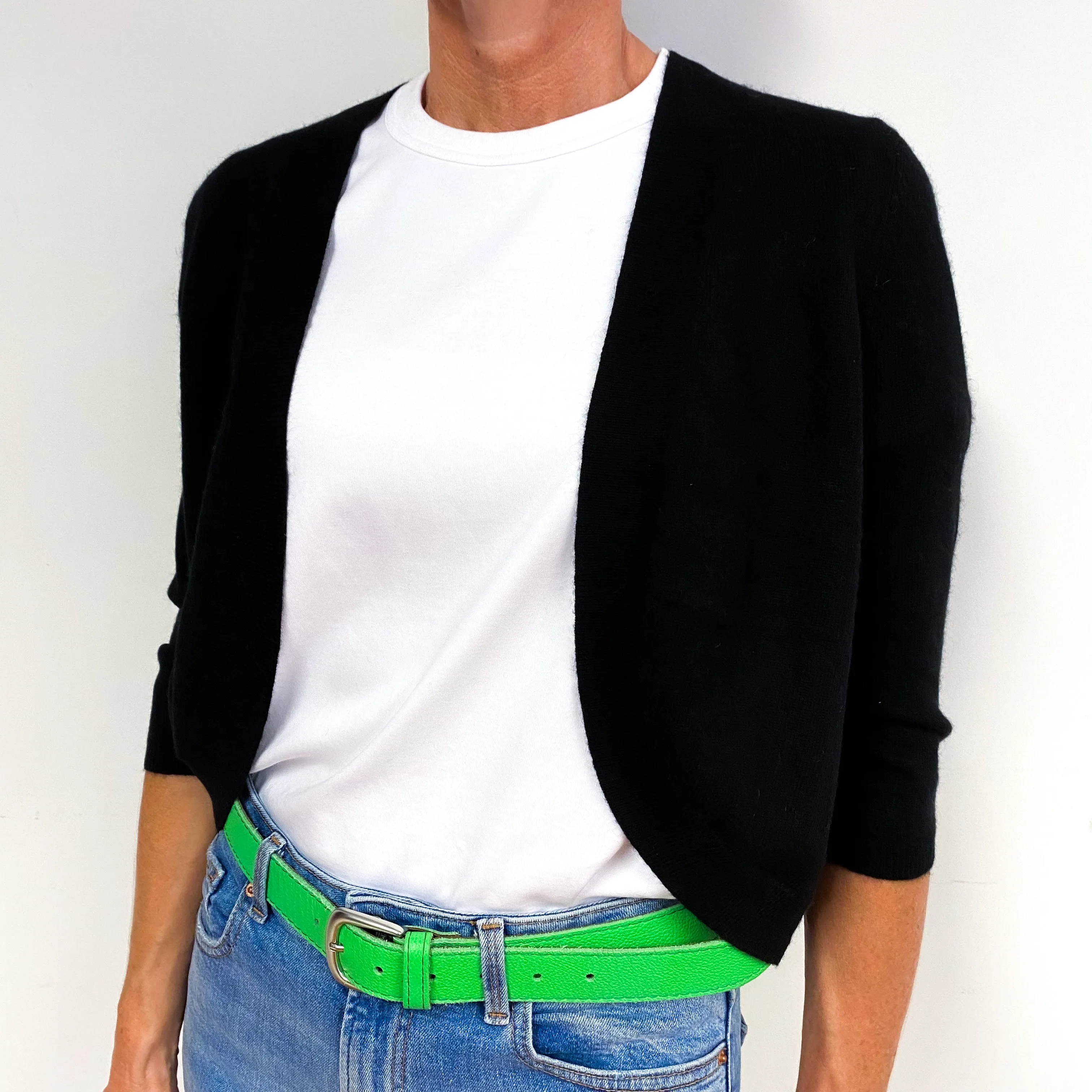 Black Cropped 3/4 Sleeve Cashmere Edge to Edge Cardigan Medium