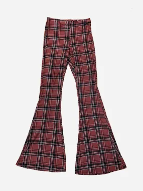 Burgundy Plaid Print Bell Bottom Leggings