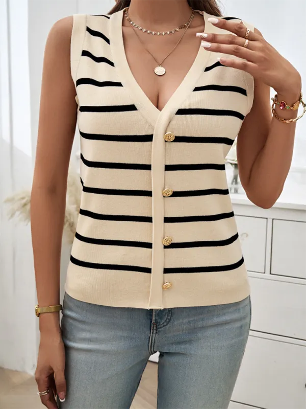 Buttoned Stripe Knit Top