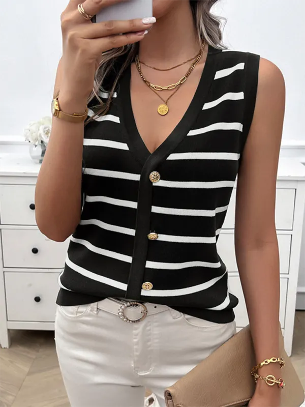 Buttoned Stripe Knit Top