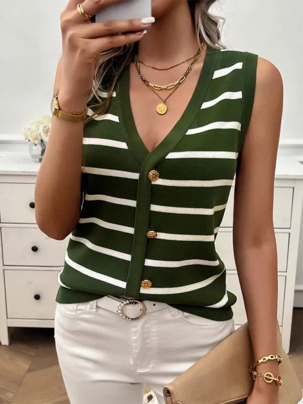 Buttoned Stripe Knit Top