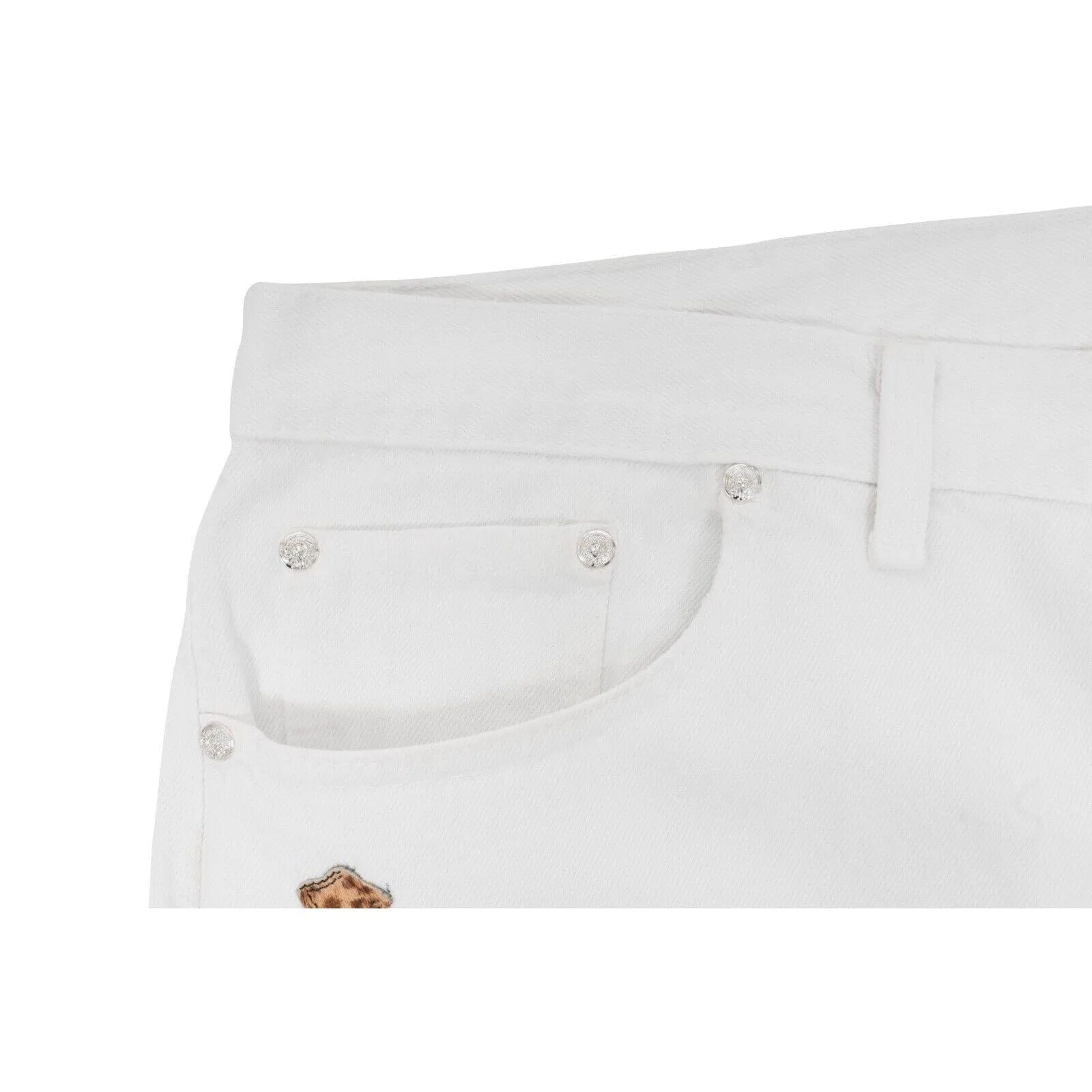 Cheetah Leopard Pony Hair Patches Cross White Denim Jeans