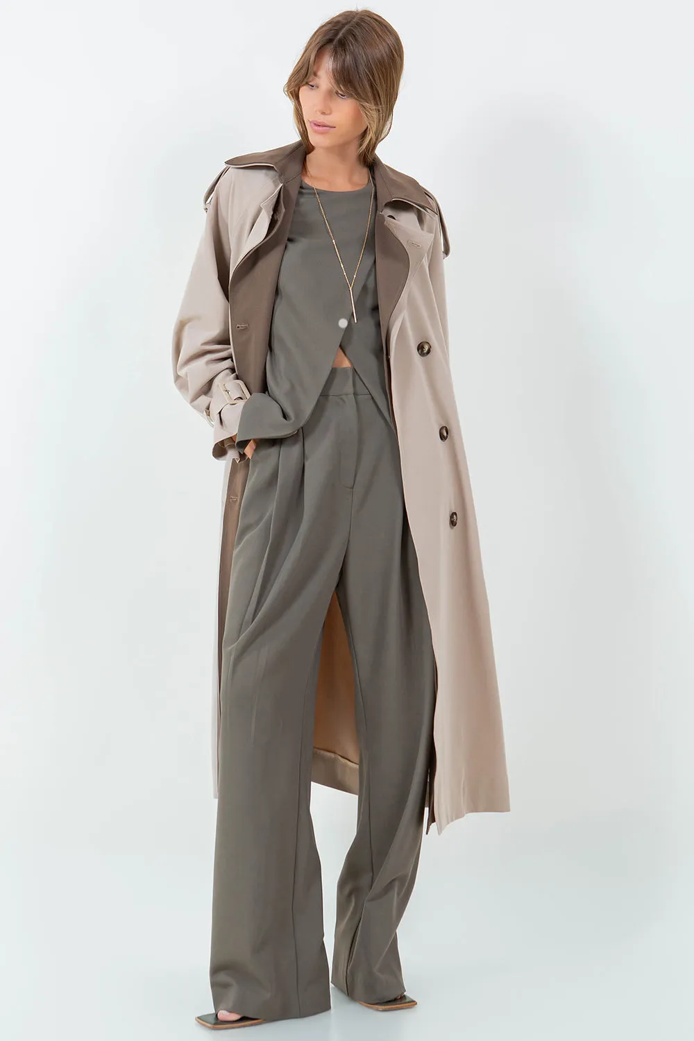 CONTRAST DOUBLE BREASTED TRENCH COAT - BROWN
