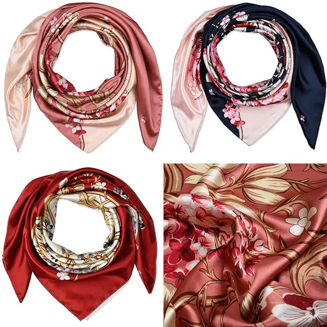 corciova 3 Pcs Square Hair Scarf Black Women Silk Headband Tie Sleeping at Night Bandanas Headscarf Floral (Navy Beige Pink)