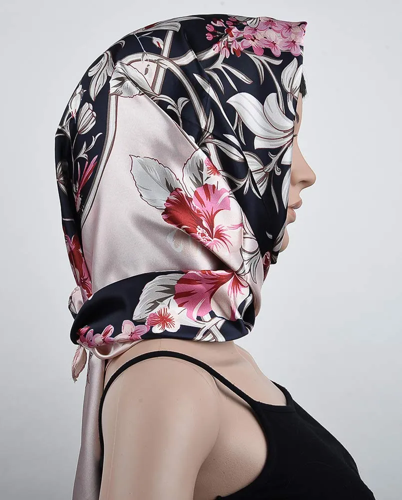 corciova 3 Pcs Square Hair Scarf Black Women Silk Headband Tie Sleeping at Night Bandanas Headscarf Floral (Navy Beige Pink)