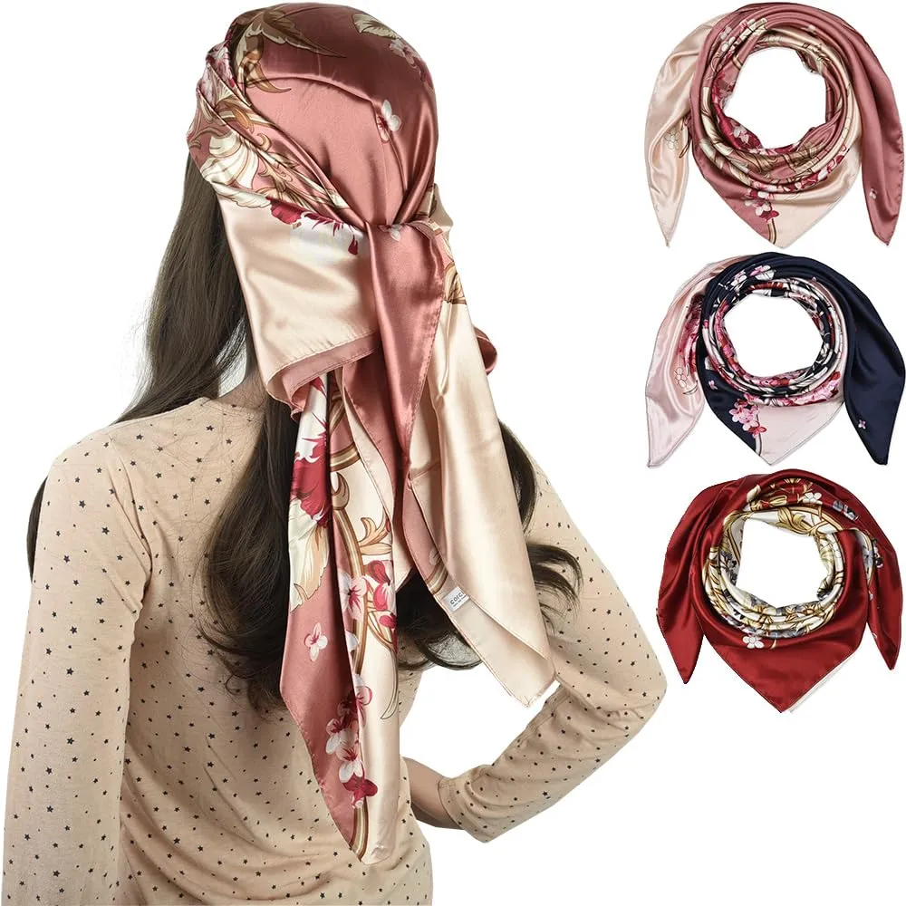 corciova 3 Pcs Square Hair Scarf Black Women Silk Headband Tie Sleeping at Night Bandanas Headscarf Floral (Navy Beige Pink)