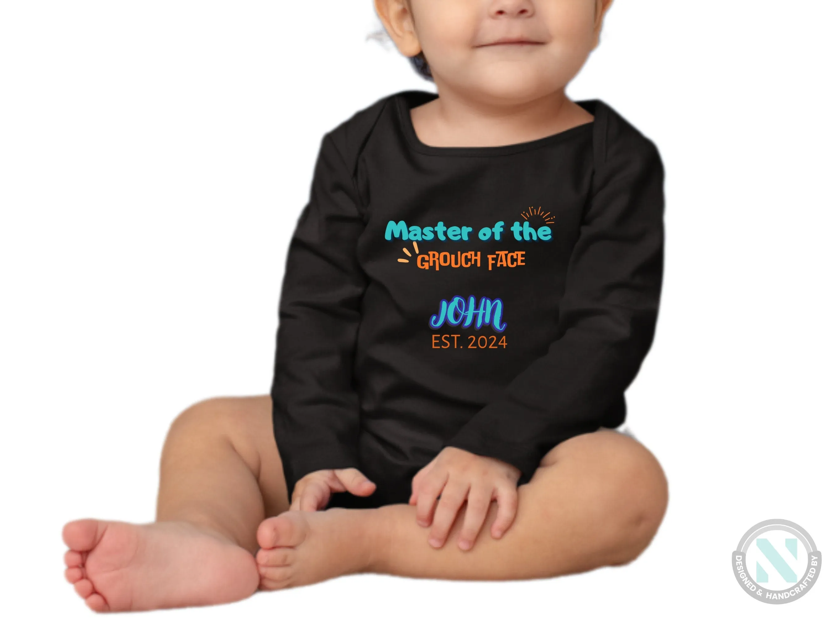 Custom Name And Date Baby Grow for Boys with "Master of the Grouch Face"