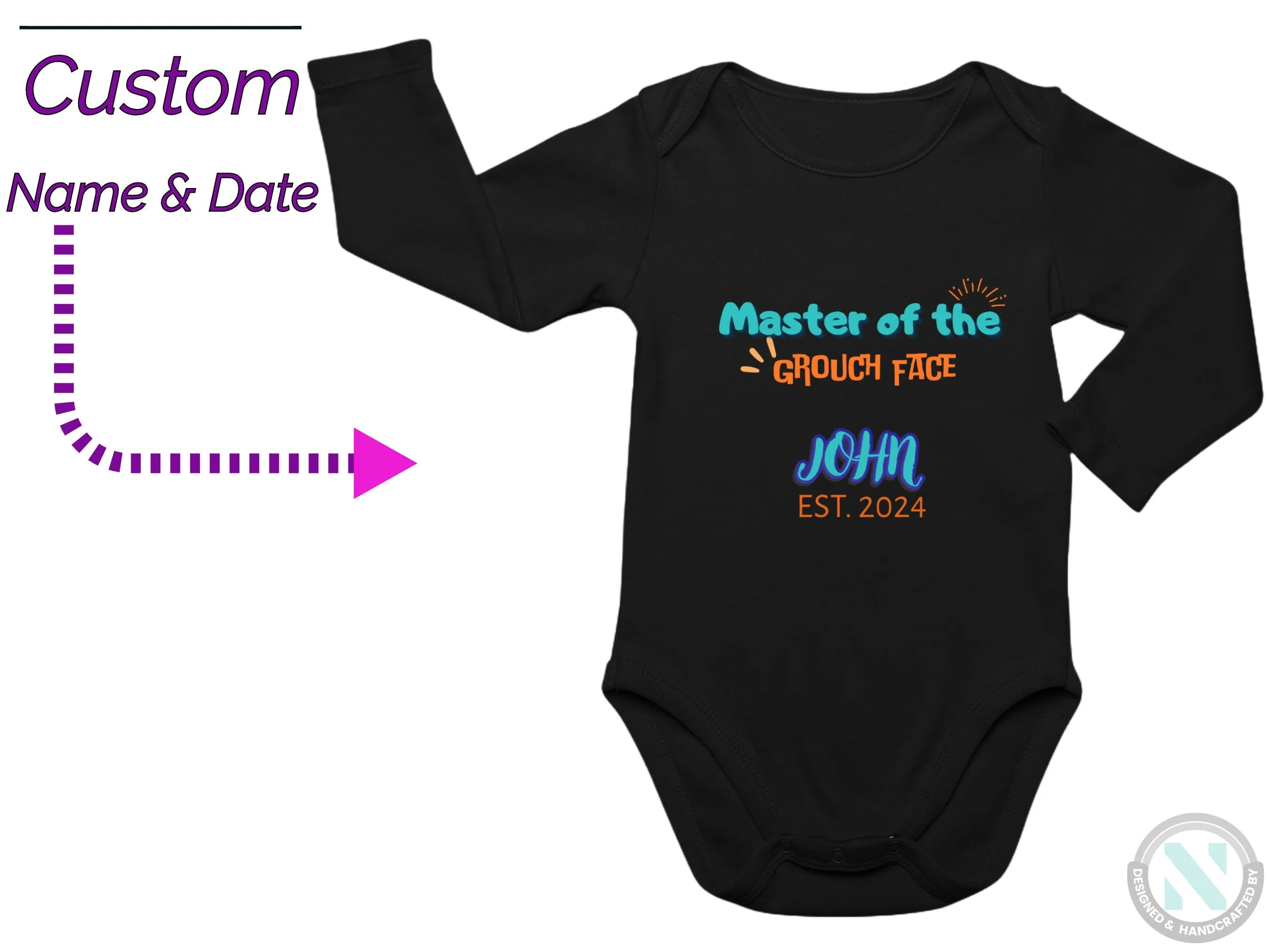 Custom Name And Date Baby Grow for Boys with "Master of the Grouch Face"
