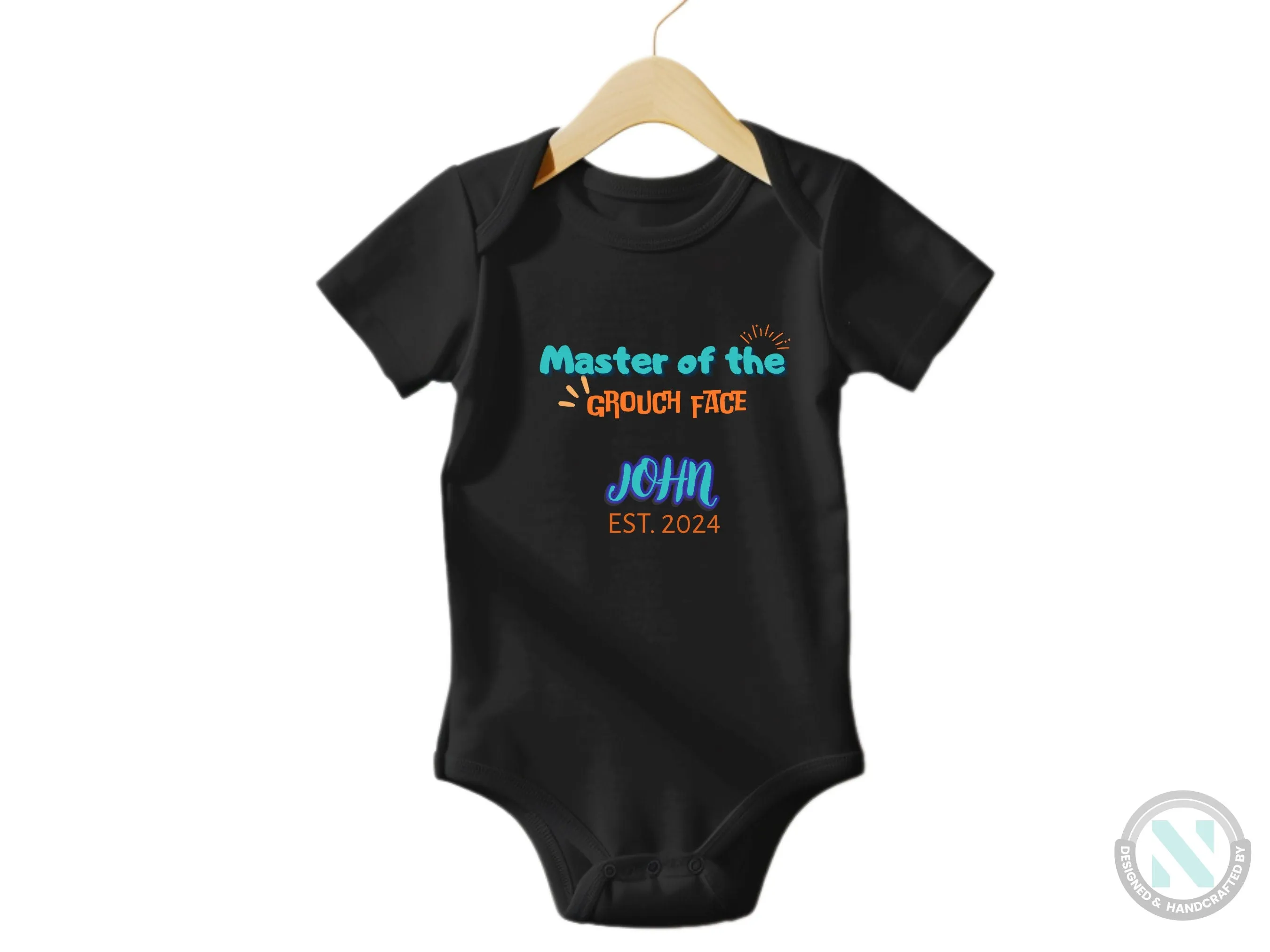 Custom Name And Date Baby Grow for Boys with "Master of the Grouch Face"