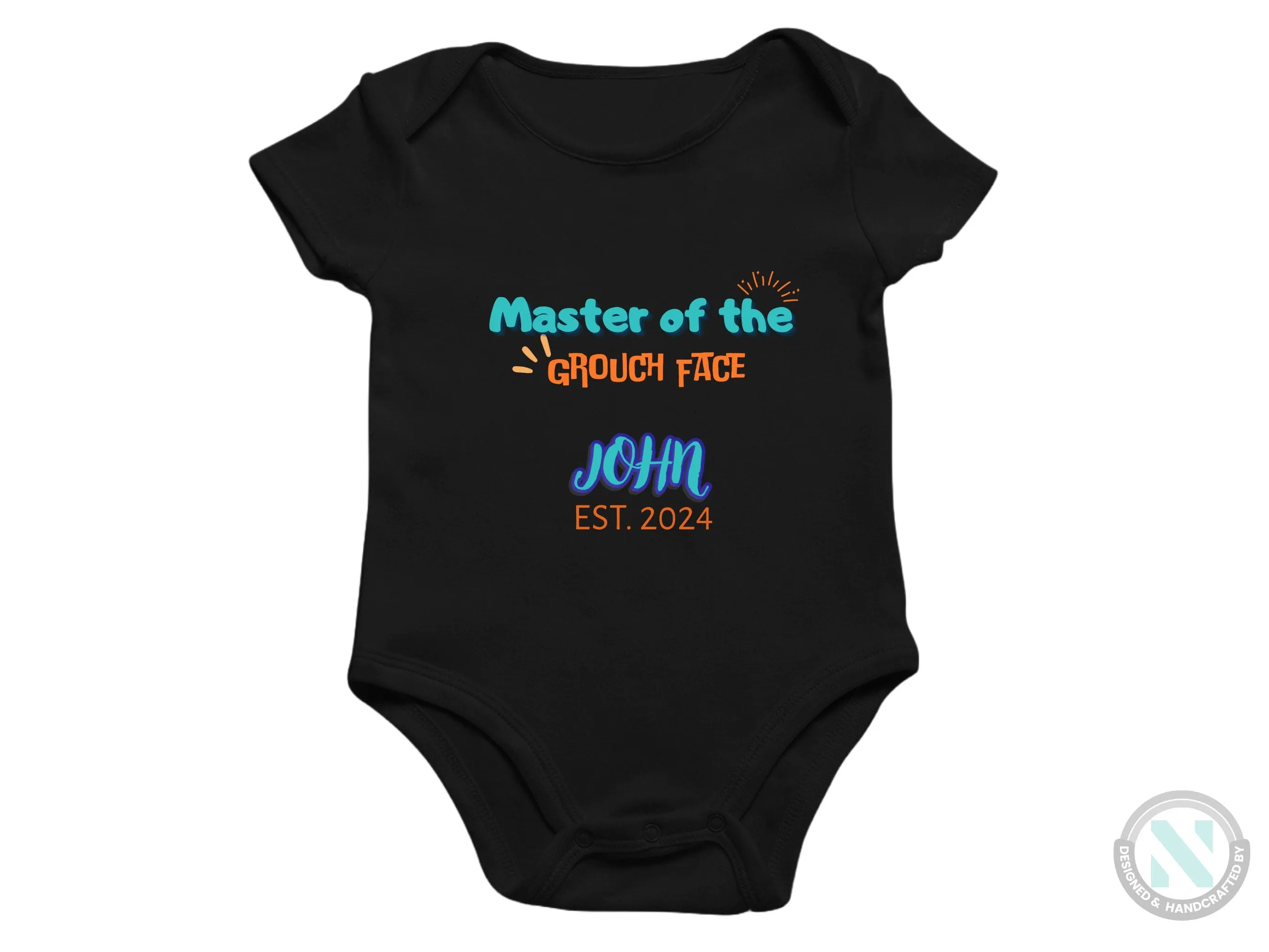 Custom Name And Date Baby Grow for Boys with "Master of the Grouch Face"