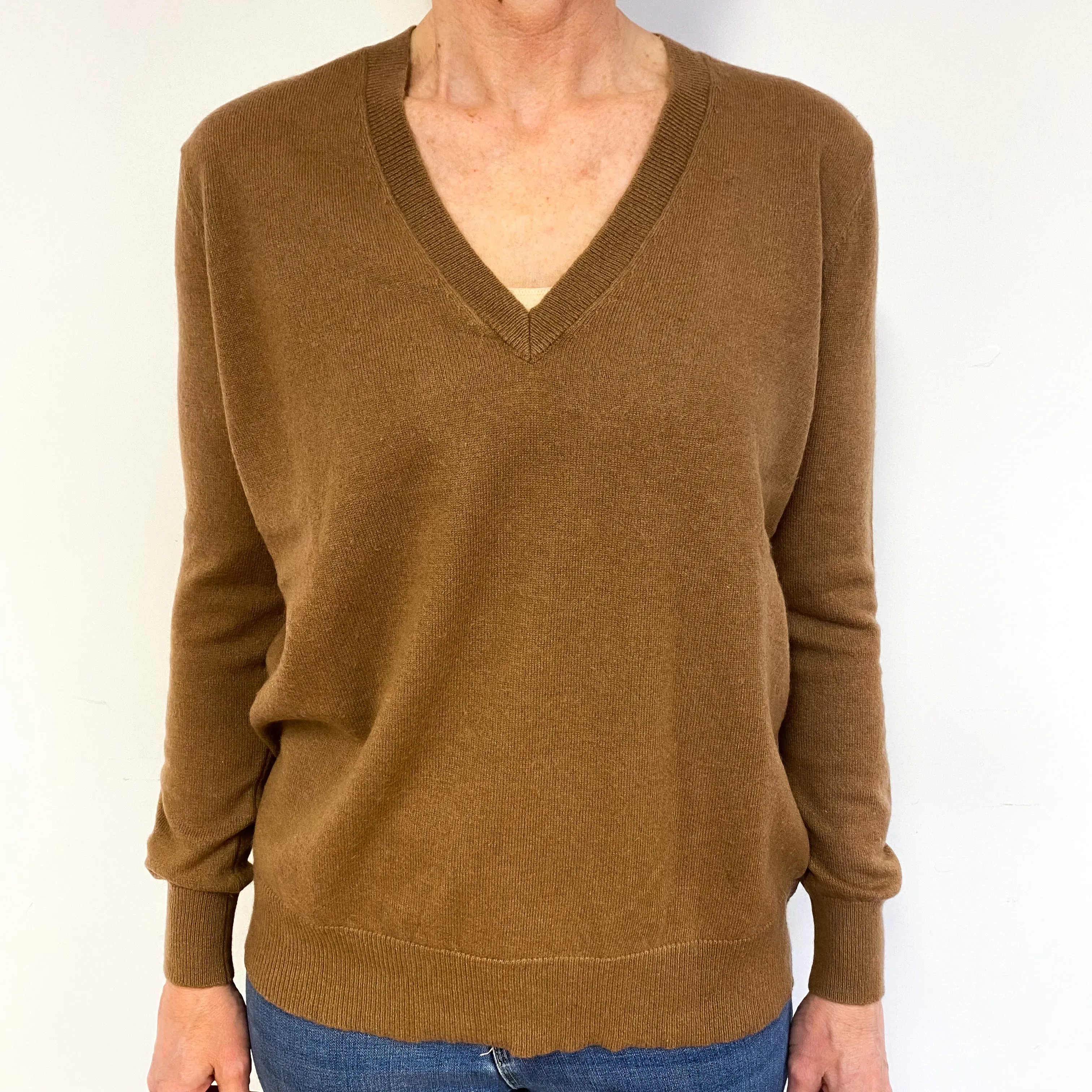 Dark Toffee Brown Cashmere V-Neck Jumper Medium