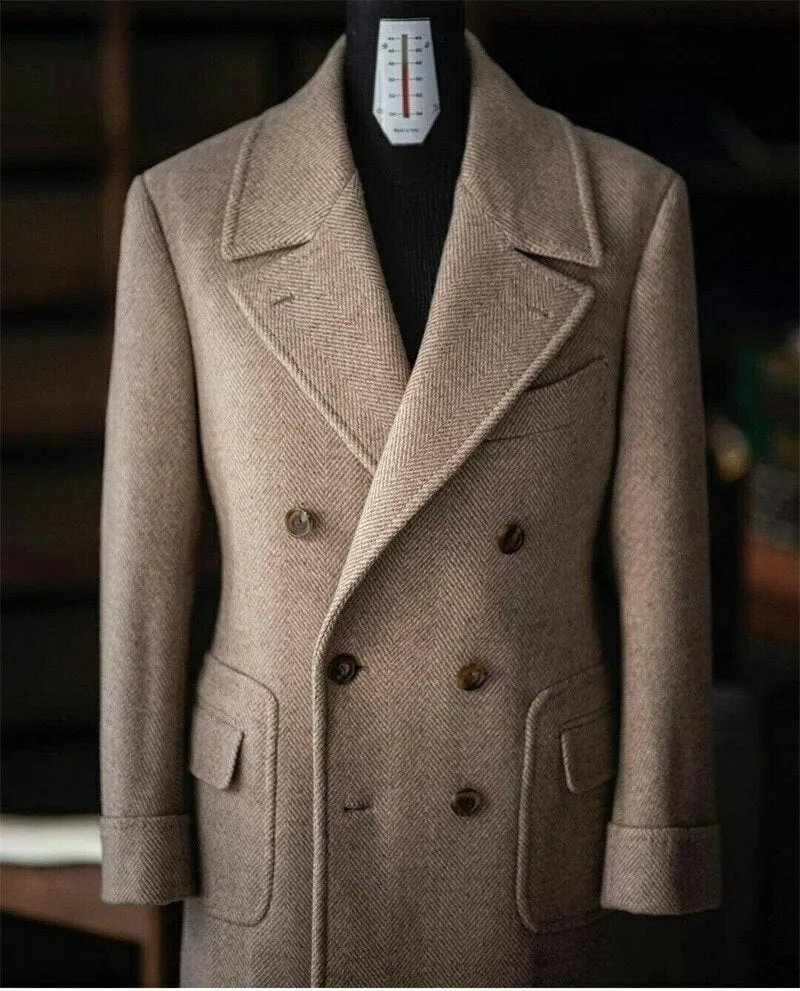 EM Woolen Herringbone Overcoat