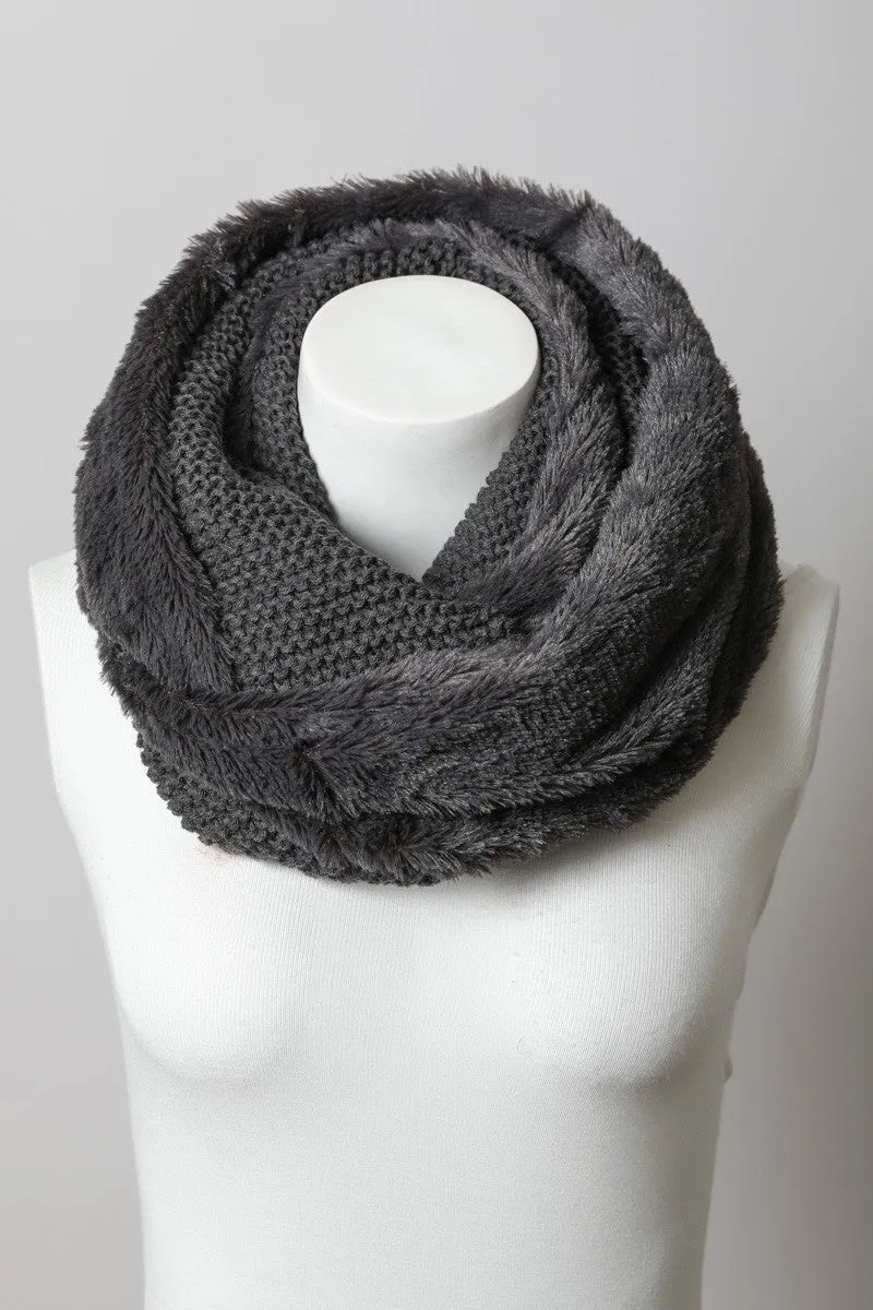 Faux Sherpa and Knit Infinity Scarf in Gray