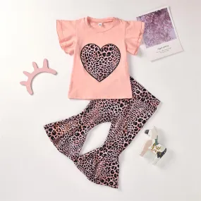 Girls Leopard Heart Printed Short Sleeve Top & Bell Trousers Girls Boutique Clothes Wholesale