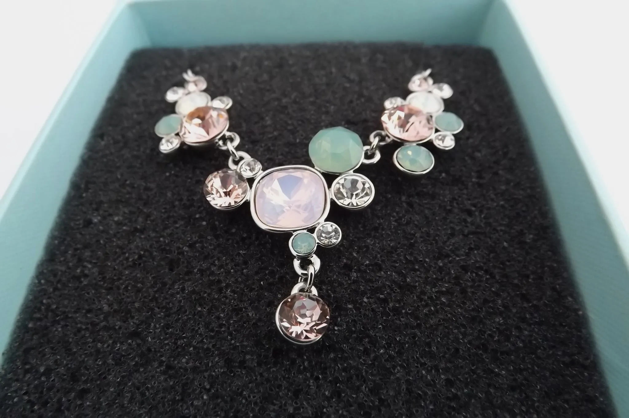 Green, Pink & Clear Faceted Crystal Silver Tone Collar Necklace
