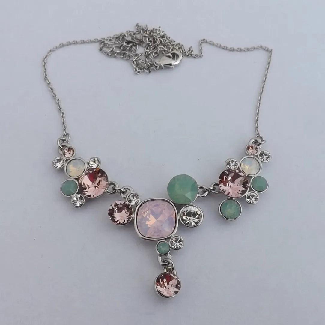 Green, Pink & Clear Faceted Crystal Silver Tone Collar Necklace