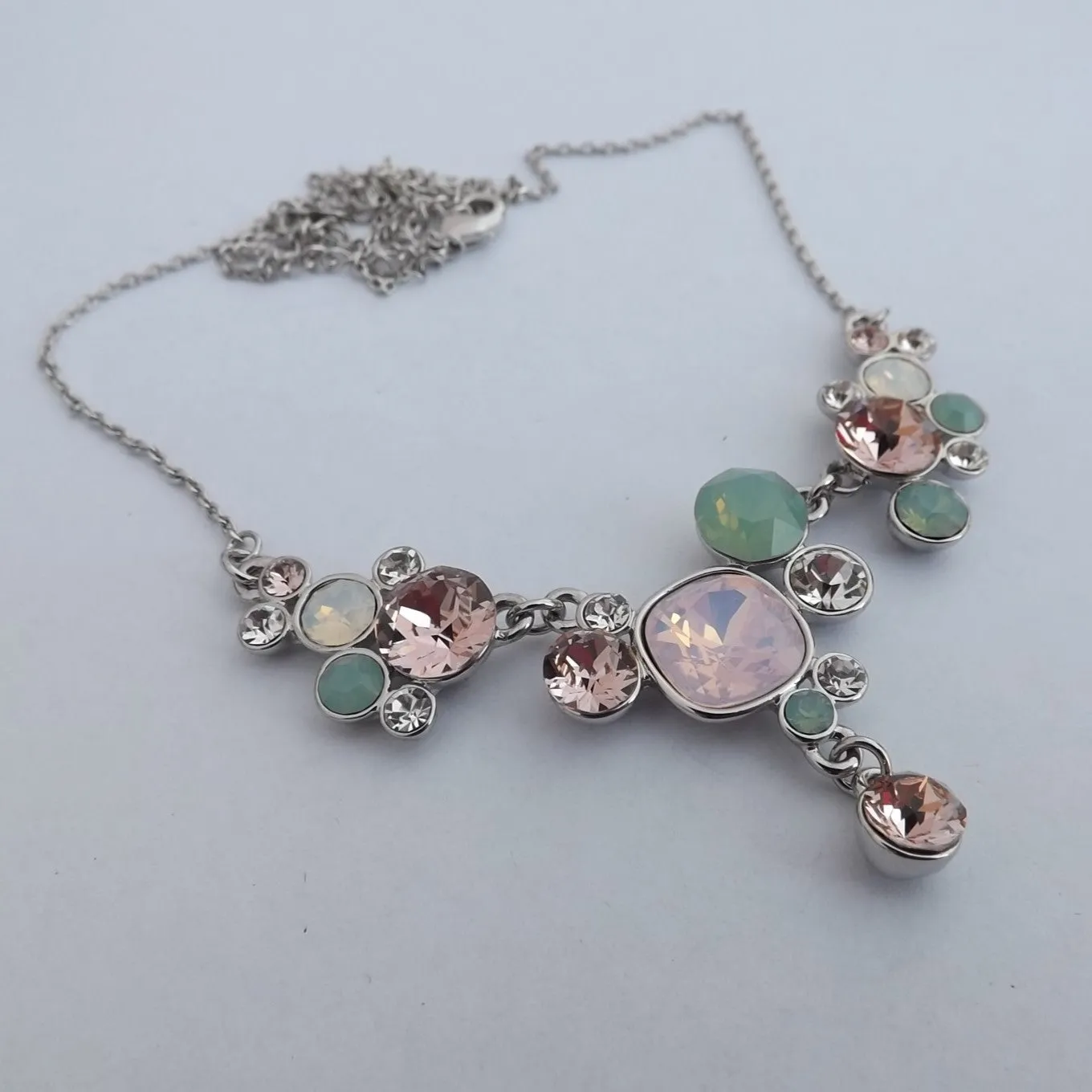 Green, Pink & Clear Faceted Crystal Silver Tone Collar Necklace
