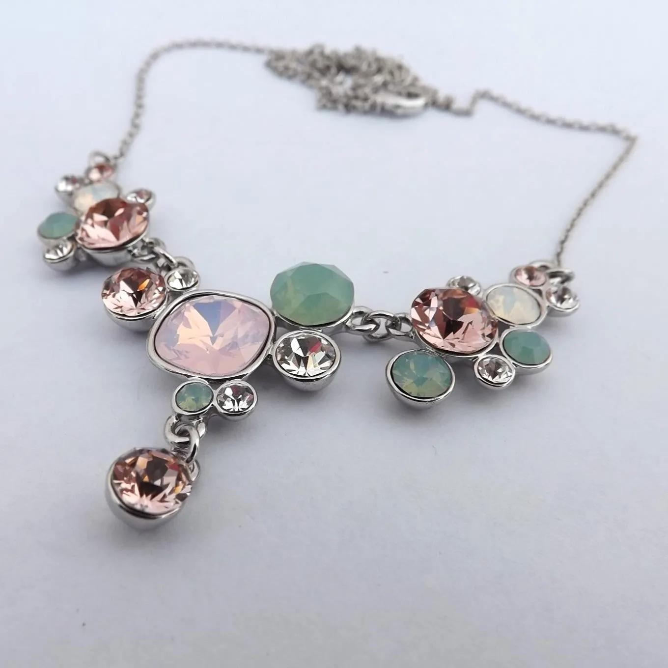 Green, Pink & Clear Faceted Crystal Silver Tone Collar Necklace