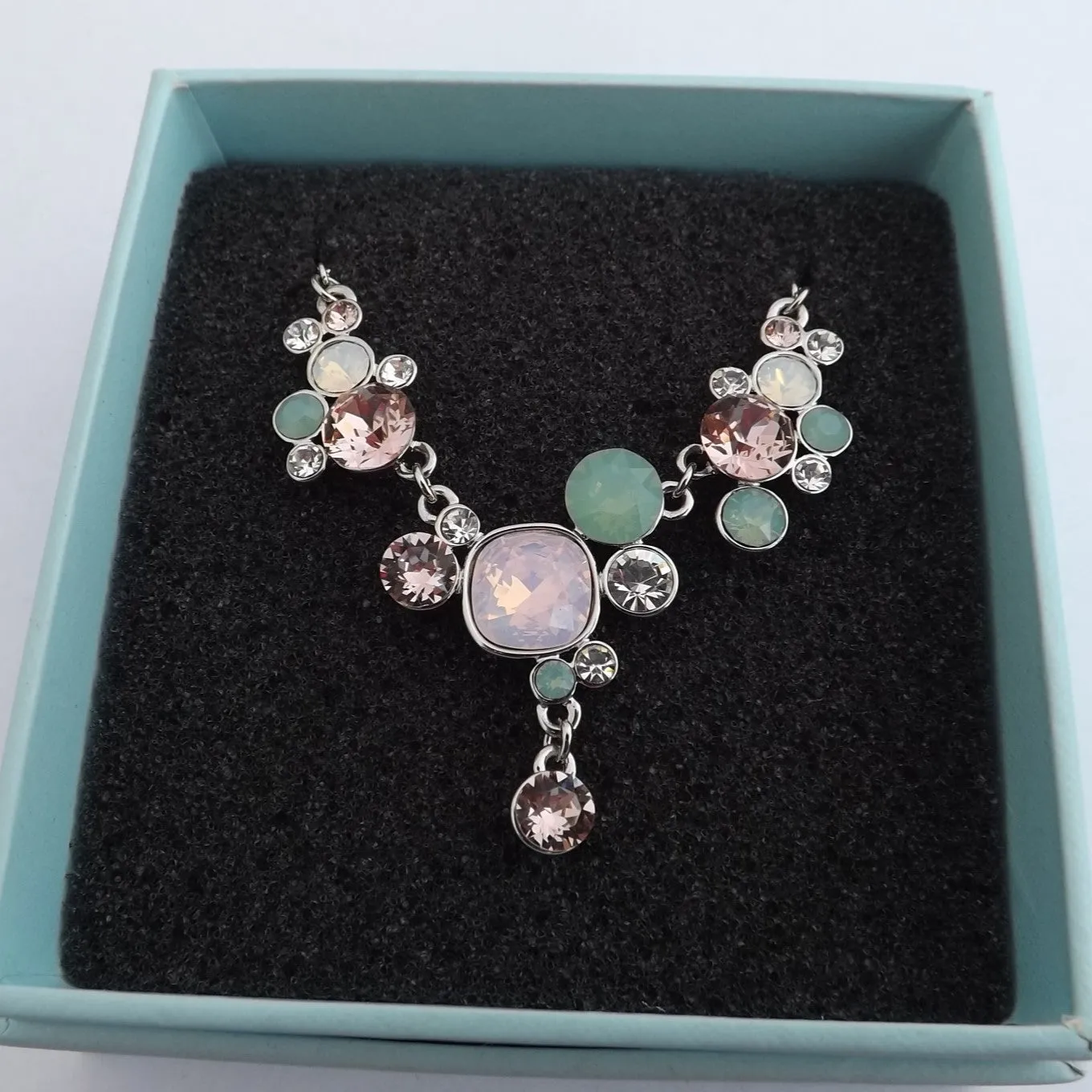 Green, Pink & Clear Faceted Crystal Silver Tone Collar Necklace