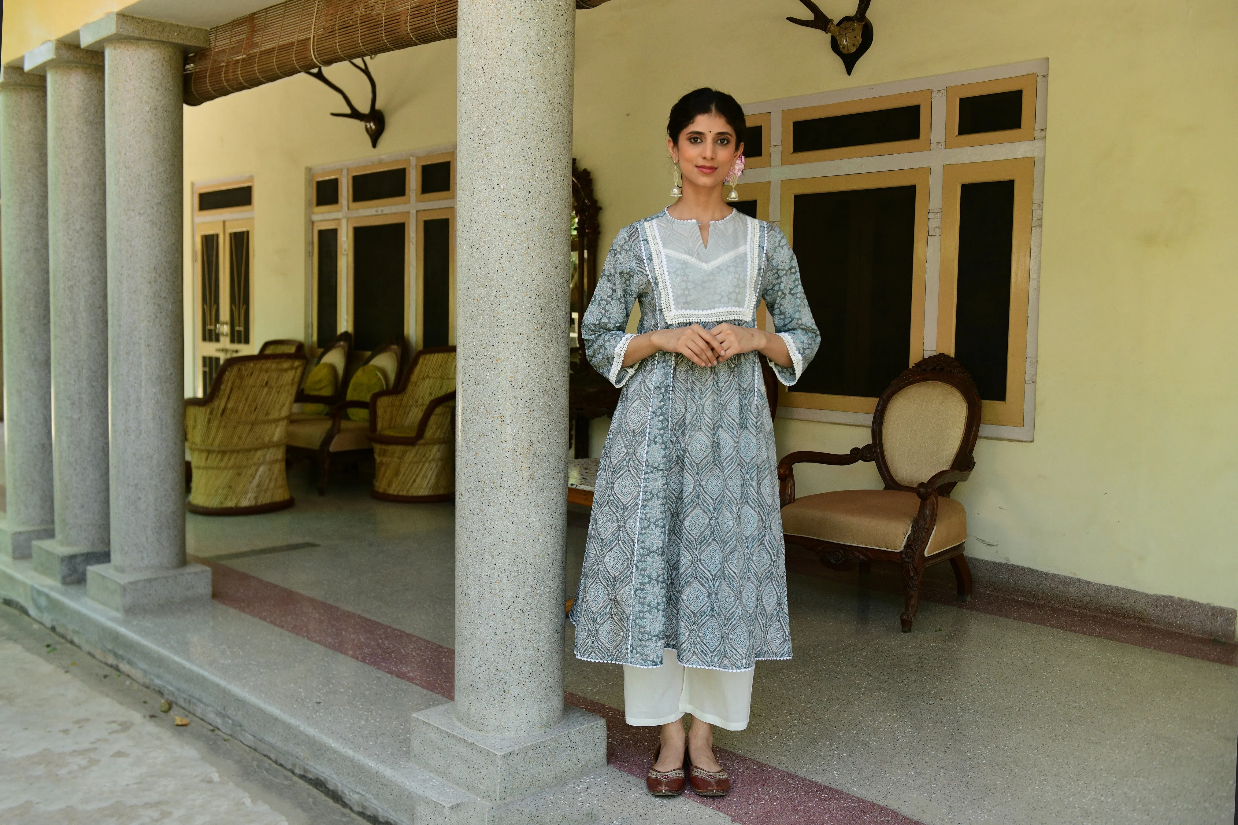 Hand-block Printed Grey Kurta With Pant