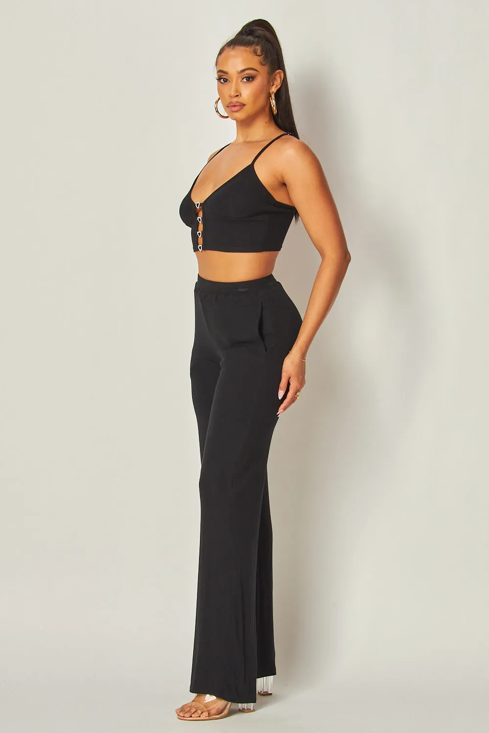 Julia Heart Trim Rib Knit Tank Crop Top & Pants Set