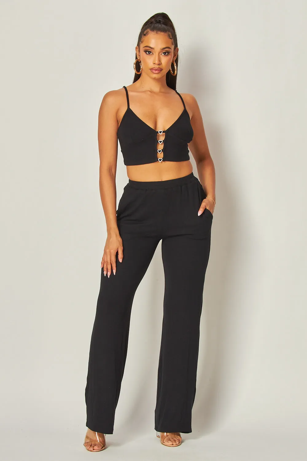 Julia Heart Trim Rib Knit Tank Crop Top & Pants Set