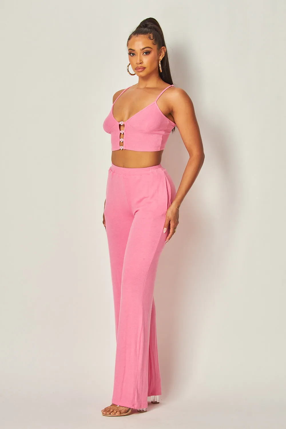 Julia Heart Trim Rib Knit Tank Crop Top & Pants Set