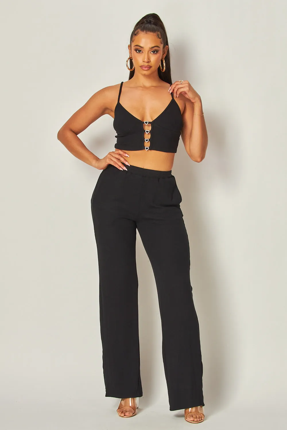 Julia Heart Trim Rib Knit Tank Crop Top & Pants Set
