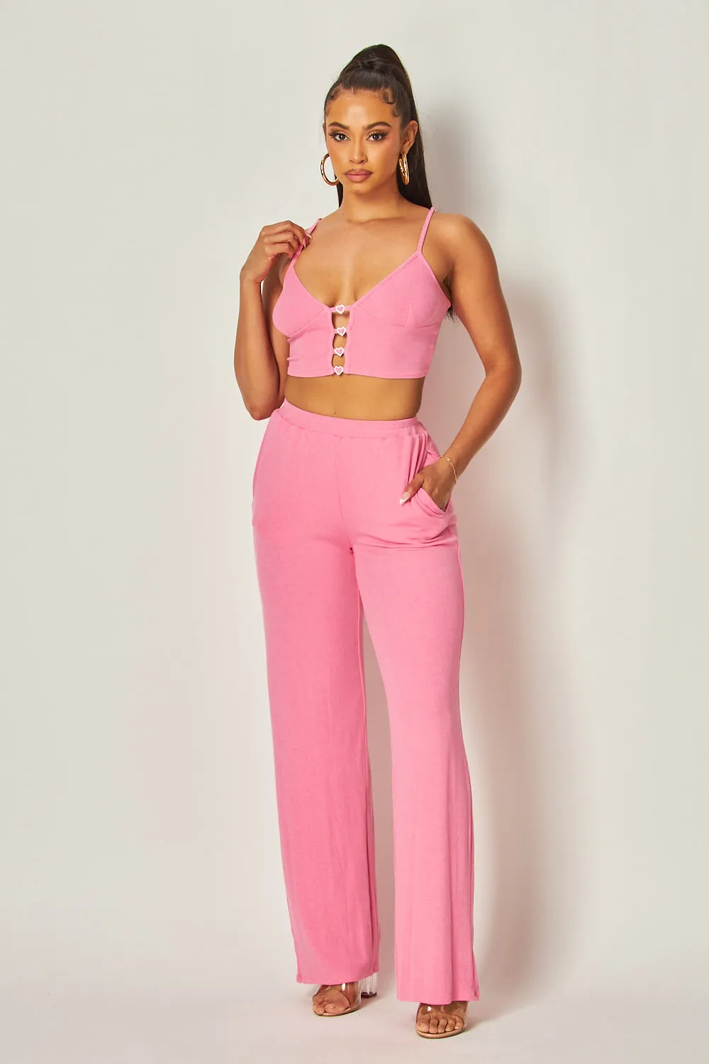Julia Heart Trim Rib Knit Tank Crop Top & Pants Set