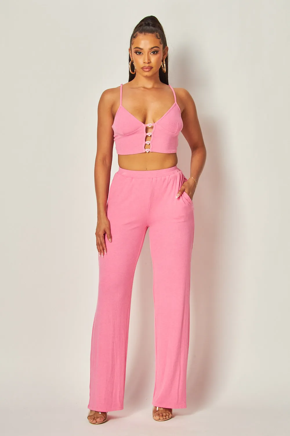 Julia Heart Trim Rib Knit Tank Crop Top & Pants Set