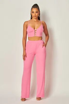 Julia Heart Trim Rib Knit Tank Crop Top & Pants Set