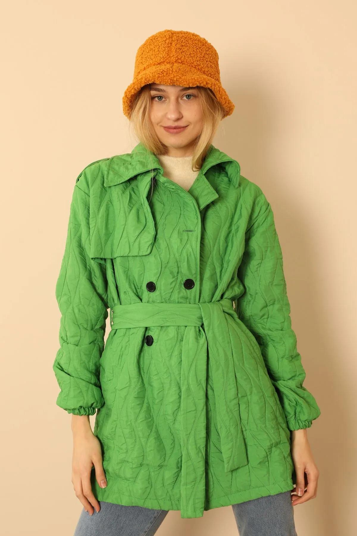KKT Jakar Fabric Onion Pattern Women Trench Coat-Green - Daugavpils