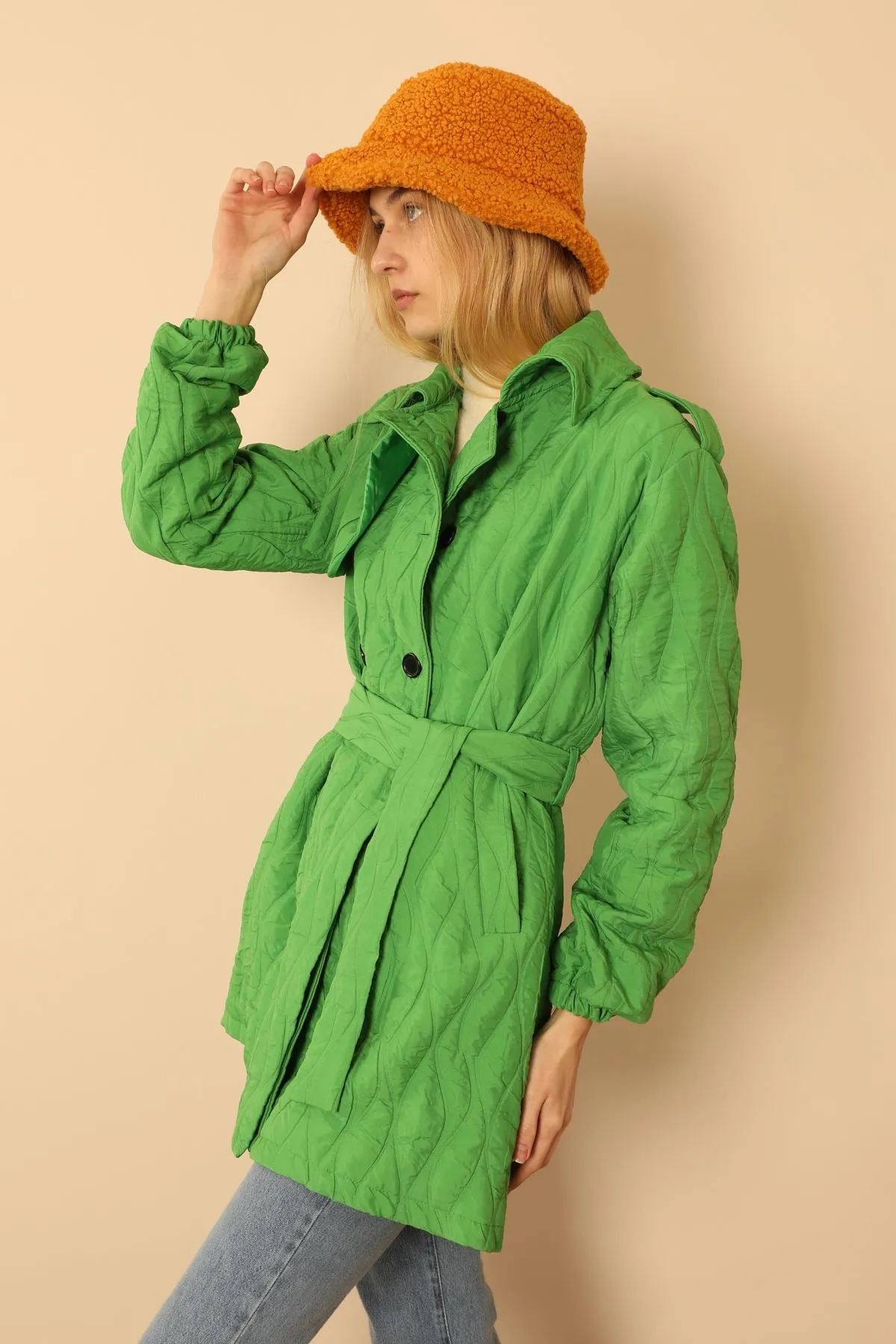 KKT Jakar Fabric Onion Pattern Women Trench Coat-Green - Daugavpils