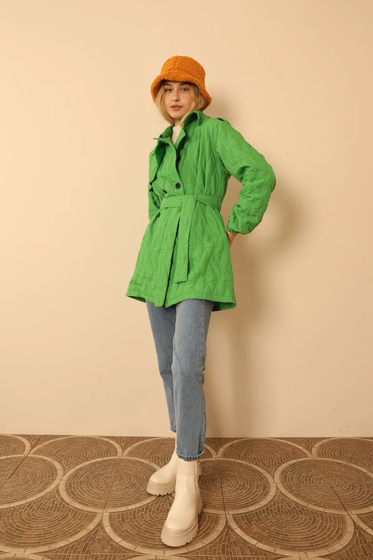 KKT Jakar Fabric Onion Pattern Women Trench Coat-Green - Daugavpils