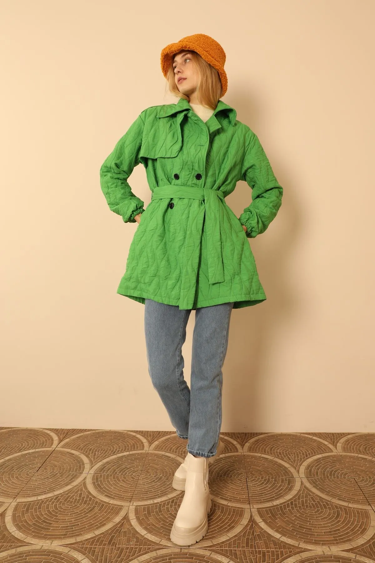 KKT Jakar Fabric Onion Pattern Women Trench Coat-Green - Daugavpils