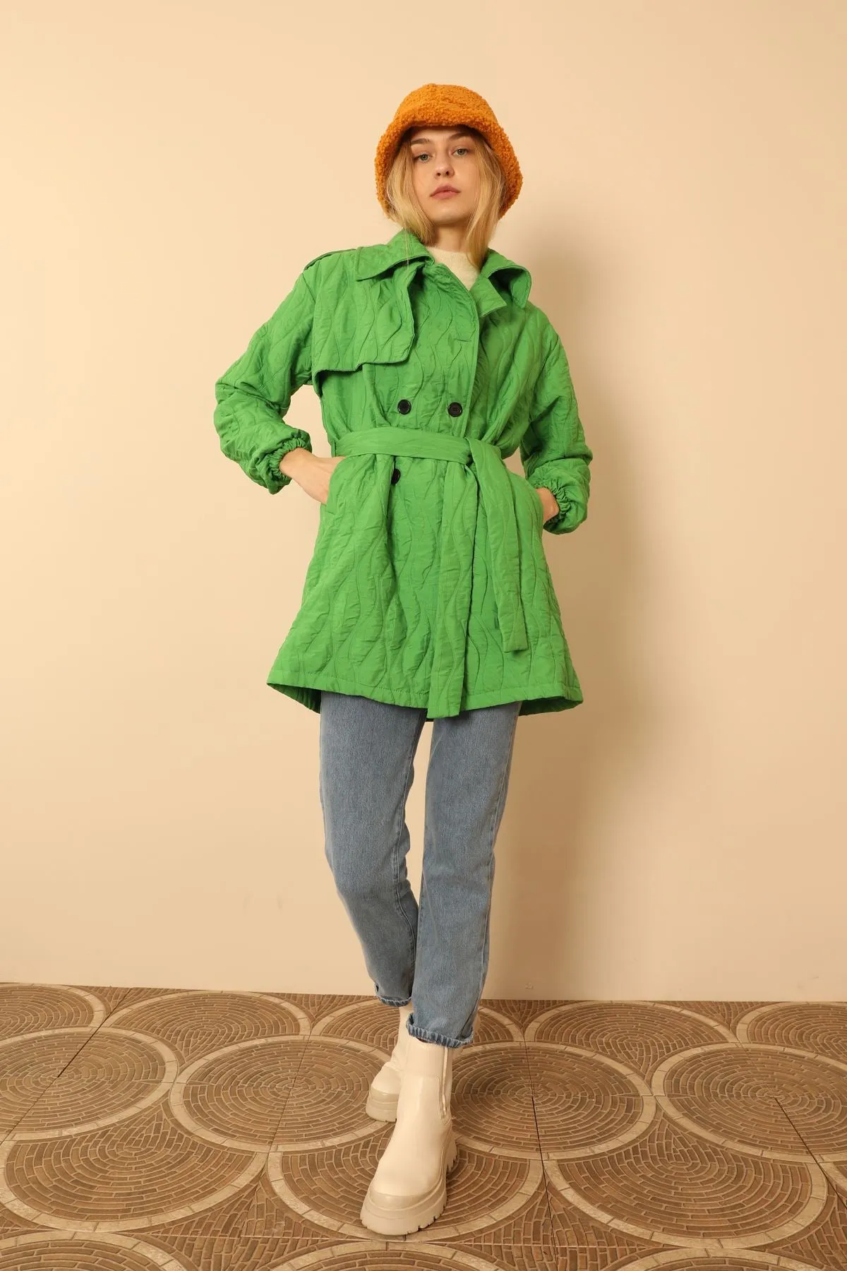 KKT Jakar Fabric Onion Pattern Women Trench Coat-Green - Daugavpils