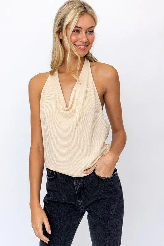 knit cowl neck halter top