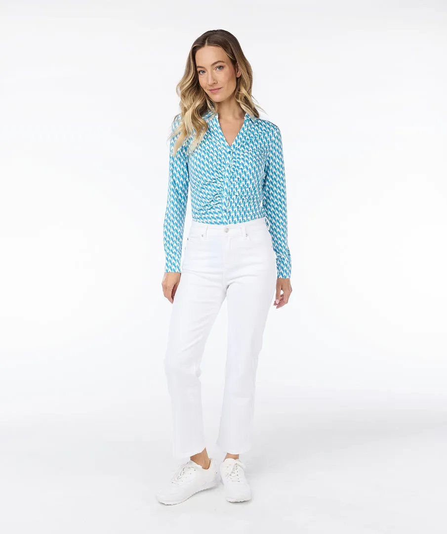 Long Sleeve Collar Ruched Button Up