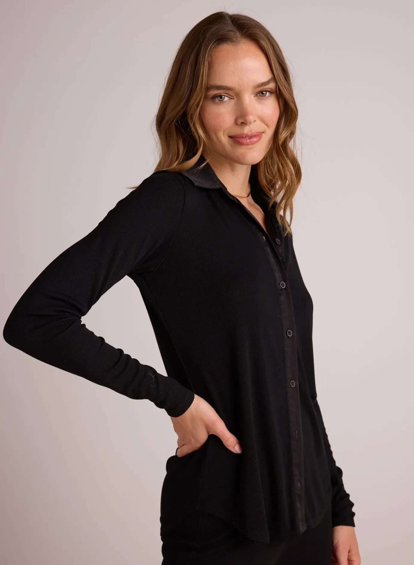 Long Sleeve Rib Mix Shirt - Black