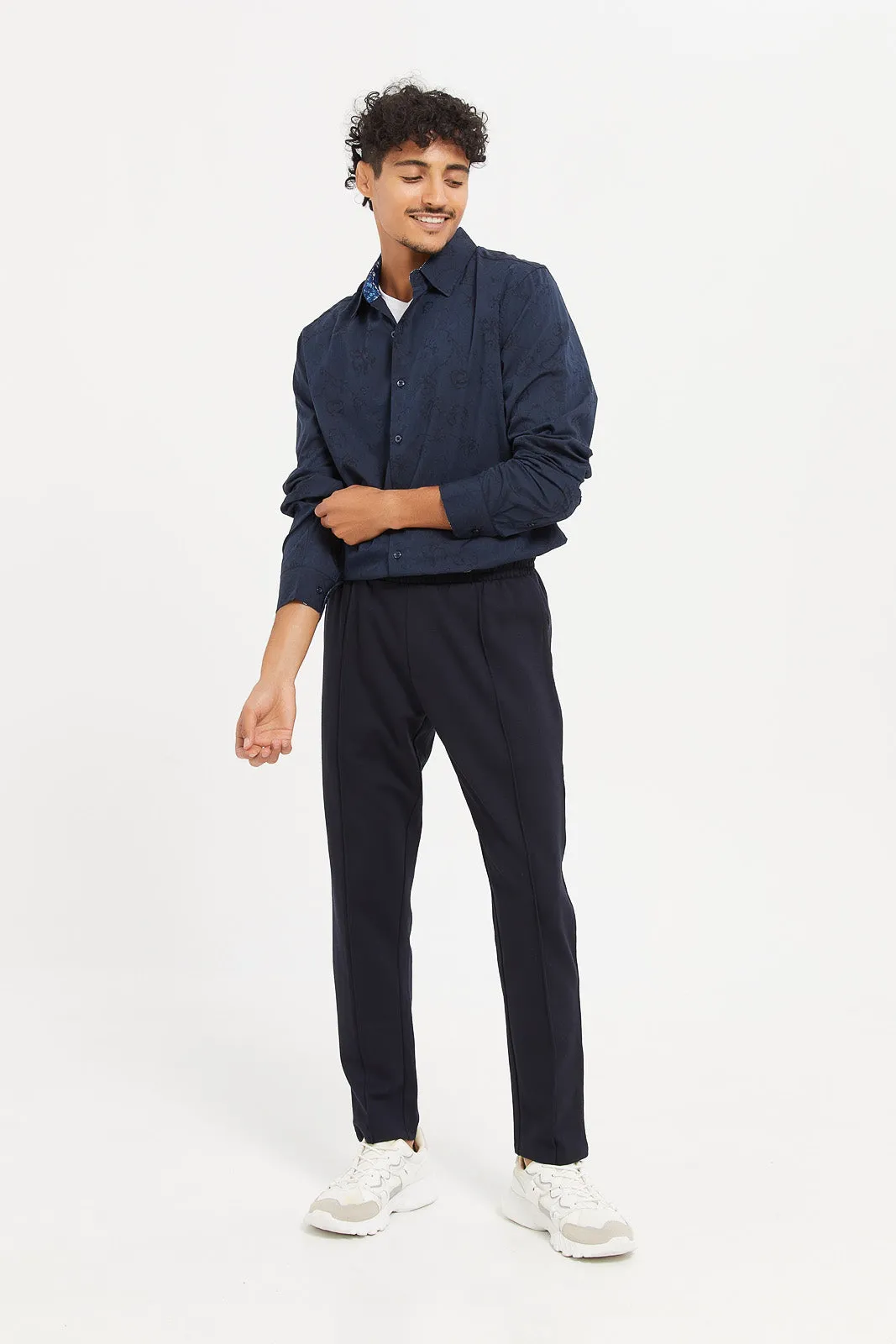 Men Navy Floral Jacquard Shirt