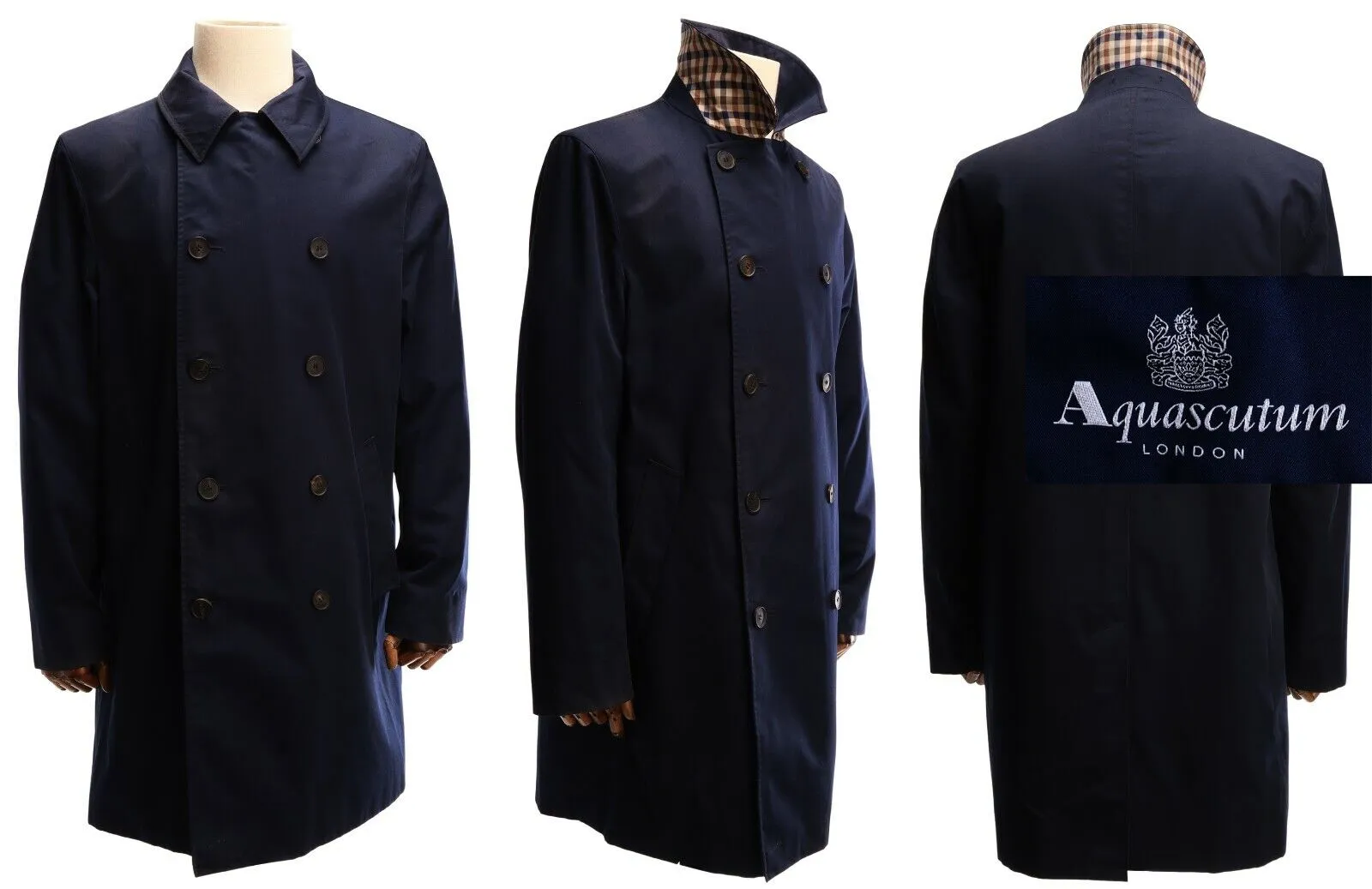 Men's AQUASCUTUM LONDON Navy Blue Double Breasted Trench Coat Size 42 / 52