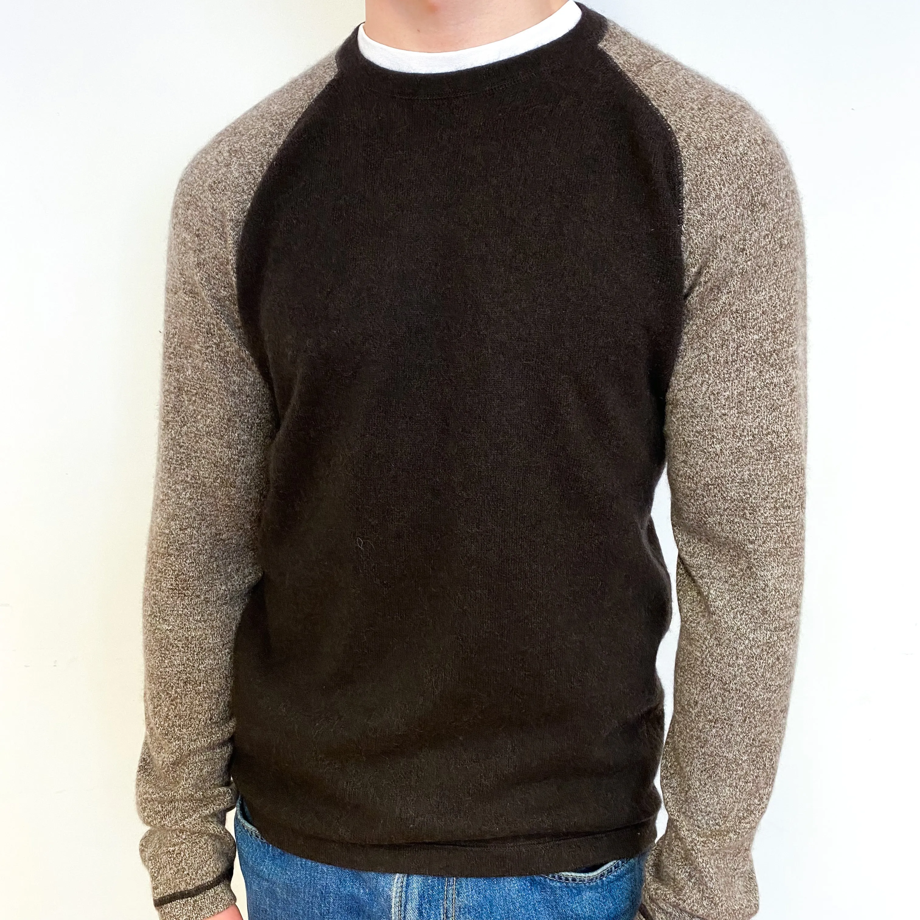 Men’s Brown and Biscuit Cashmere Crew Neck Jumper Small