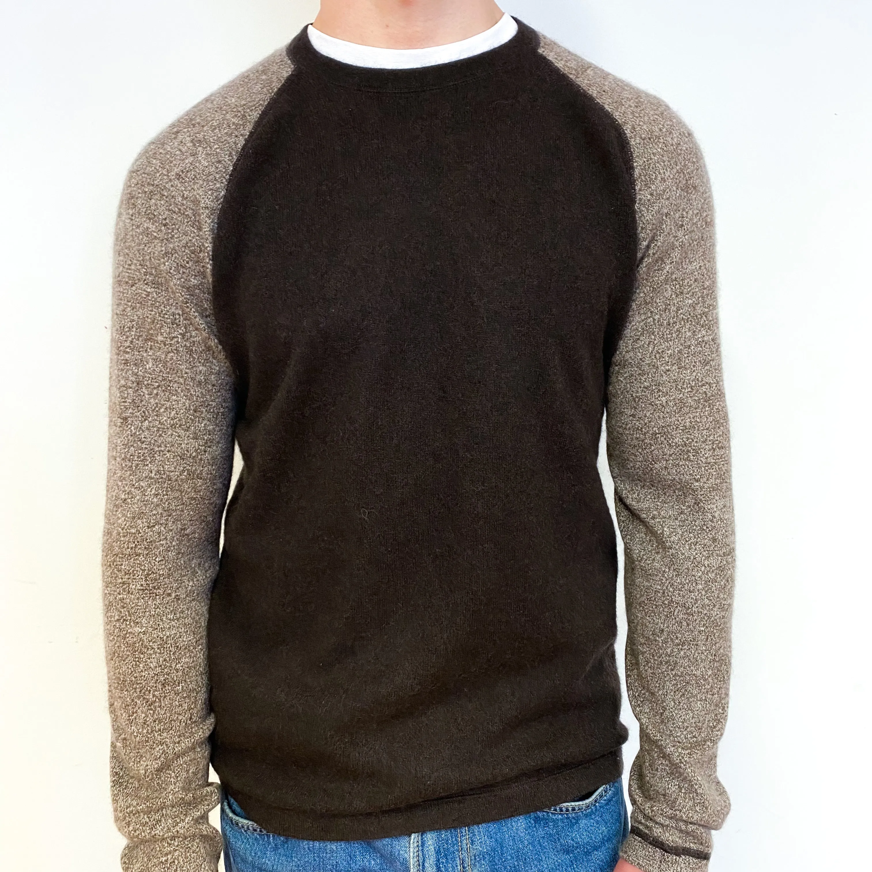 Men’s Brown and Biscuit Cashmere Crew Neck Jumper Small